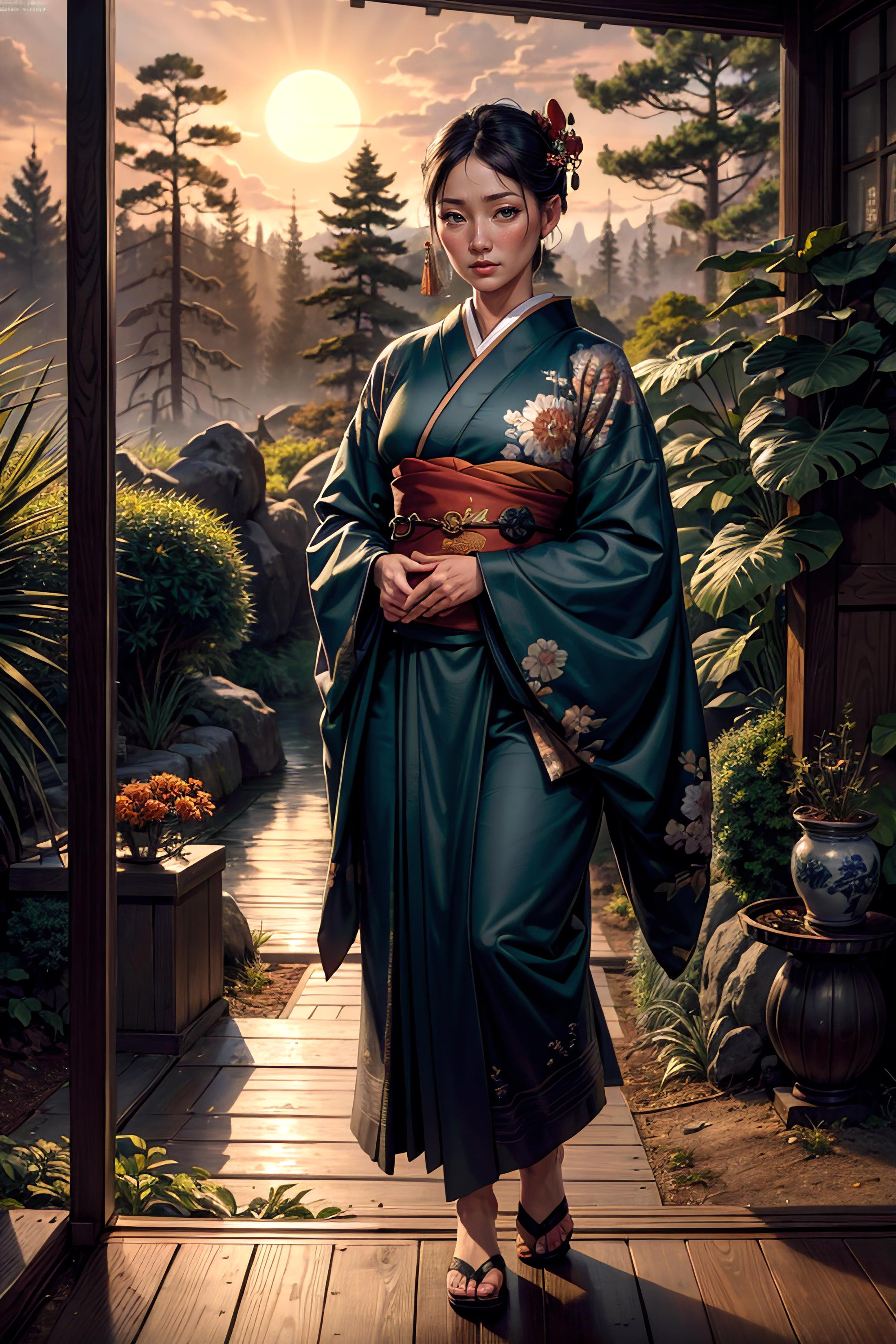 A woman in a kimono standing in a garden.