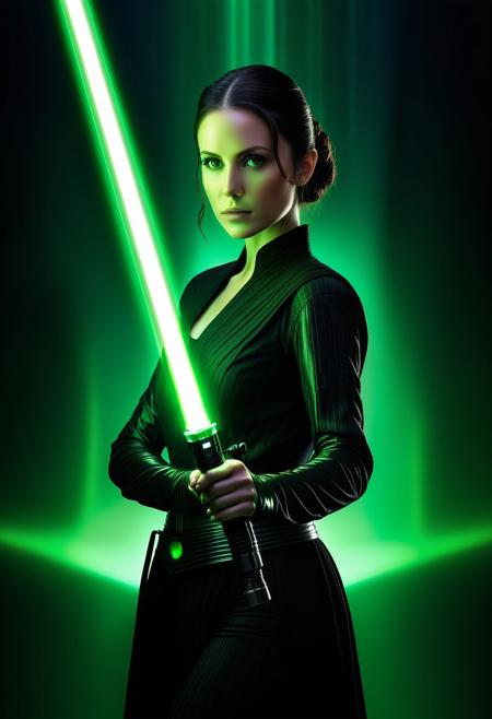 Photo Portait, Centered, a mysterious woman in black, holding a green lightsaber, set against a shimmering, ethereal background, created with dynamic 3D digital art techniques and striking contrasts of light and shadow., Drawn By Josh Needleman-Carlton, Brett Breeding, GTVV Style, highly detailed, Reversed angle