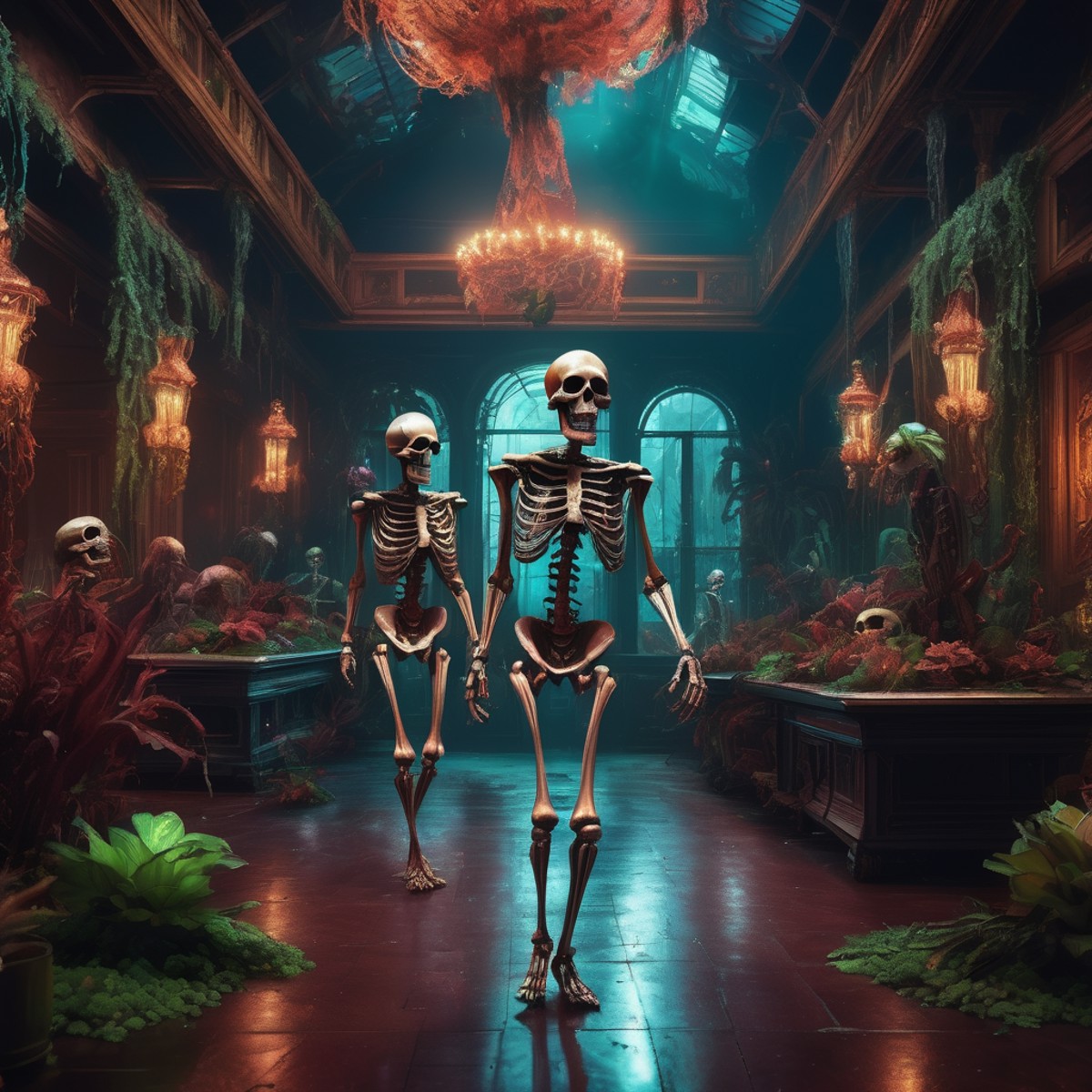 A grand ballroom scene with skeletons adorned in rusted royal attires dancing among carnivorous plants and android guests....