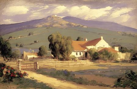 (style of Charles Conder:1.1), scene painting,a painting,scenery, farm ,hacienda ,patch ,estate , Butte ,