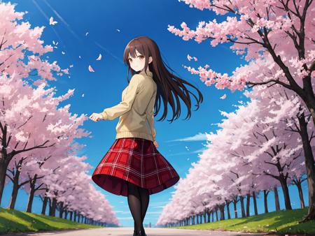 best quality, amazing intricate, 1girl, solo, (round eyes:1.2), dark brown eyes, small breast,
(closed mouth and smile:1.2), Cherry blossom trees, (perspective:1.3),
dark brown hair, long hair, (looking back:1.3), full body,
from side, from below, long shot, standing, arms behind back, black pantyhose,
beige cardigan, long sleeves, dark red skirt, (very long skirt:1.1), plaid skirt, spring \(season\), cherry, cherry blossoms, clear sky