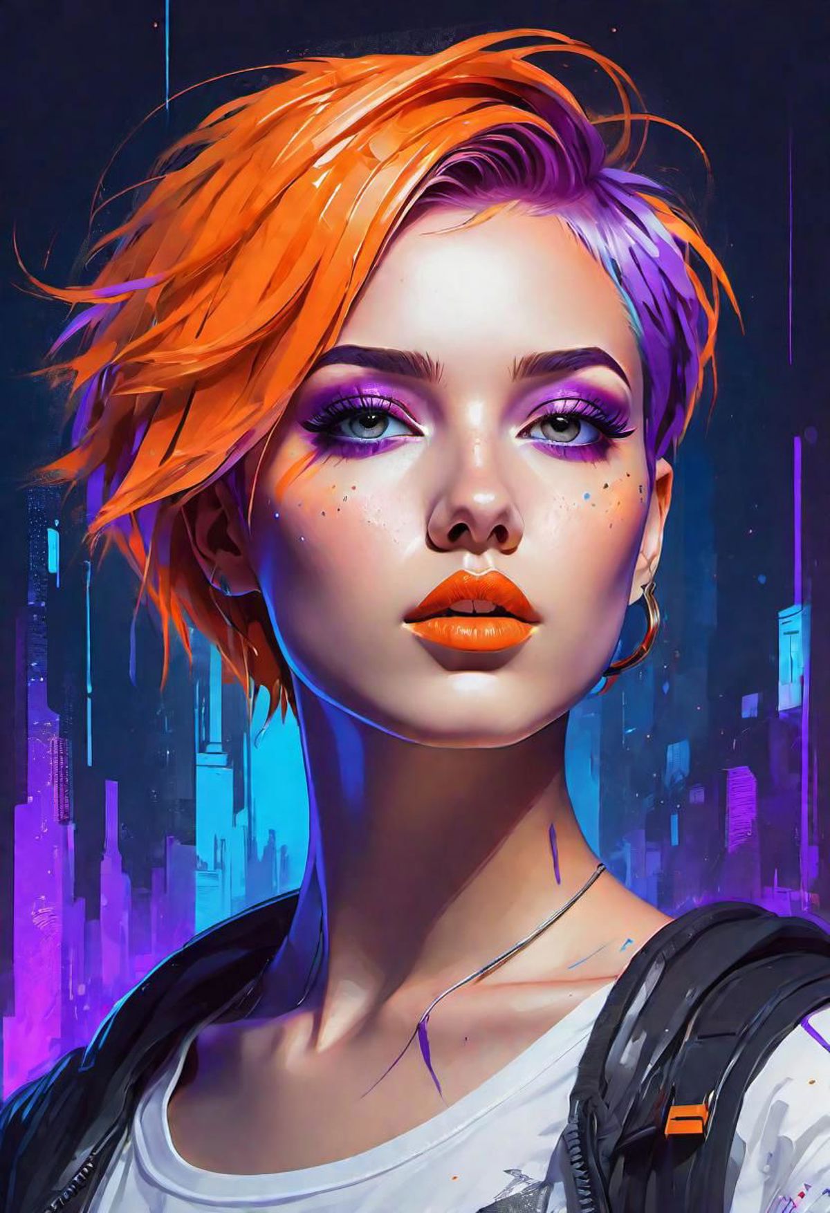 detailed illustration of a cyberpunk style woman, short colorful hair, orange eyes, orange make-up, orange lips, (upper bo...