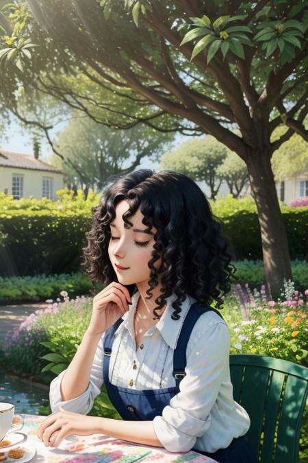 ligne claire style drawing, a Lady with big black curly hair at a tea party in green garden,  a dog sits beside her, beautiful flower garden,Bright sunlight, sun glare, soft colours of green and blue, using water colours, wet colours, 
(4k quality, masterpiece), best quality,