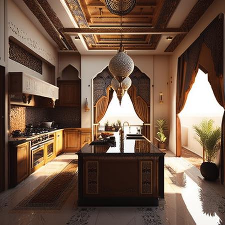 <lyco:Arabic_style_interior_design_Sa_May:1.0> arabian kitchen, double space, warm, minimal, ultra detail, furniture built in, highly realistic