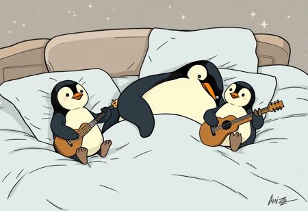 a comic book style illustration. A big penguin lies in a bed trying to sleep while two little penguins play musical instruments around him. aidmamj6.1, graphic novel illustration
