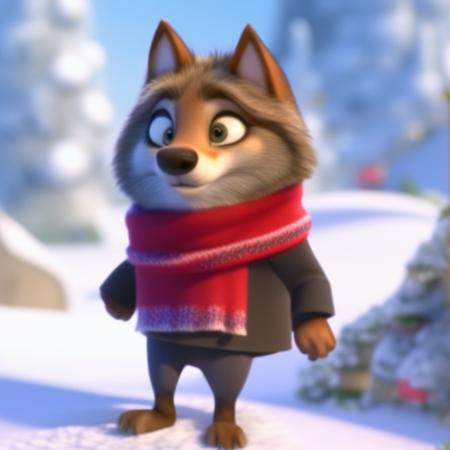 dressed wolf with a scarf standing in snow, Zootopiav4