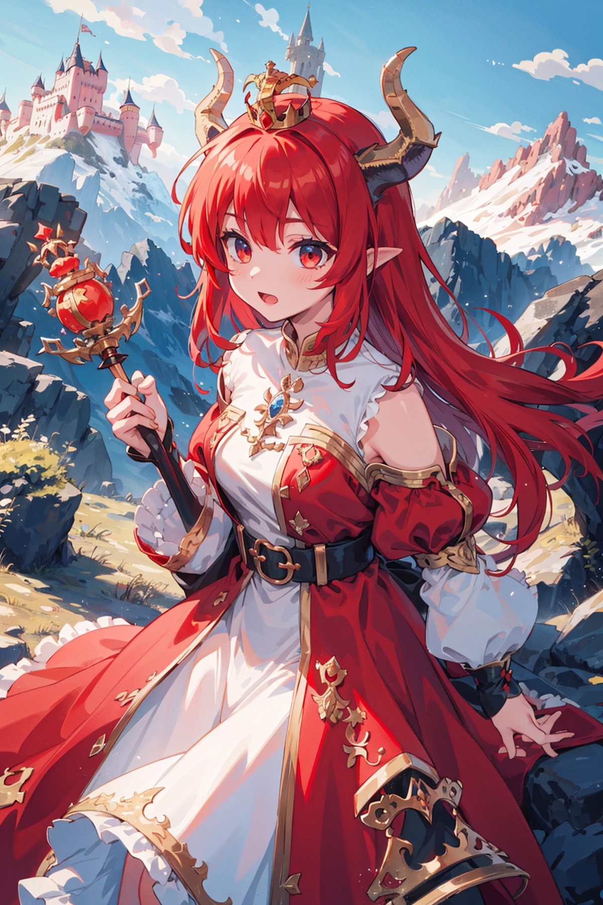 1girl, red_hair, dragon_ears, confident,
castle, mountains, dragons,
(dress/scales/golden), crown, scepter