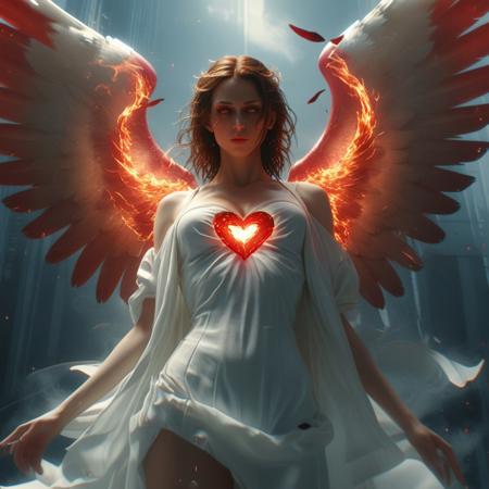 Masterpiece, best quality, good quality, very awa, very aesthetic, absurdres, newest, cinematic scene. Love goddess villianess, androgynous, antagonist, red and white, angel wings, halo, persuasive personality, unnerving athmosphere, character concept, burning heart core, beautiful physiche, beauty made form, soft expression, love core, by Mike Winkelmann, by Sam Yang and Kode Abdo and Wenqing Yan and Pascal Campion, dreamy athmosphere, ethreal background, highly detailed oil painting, hyperdetailed, epic scale, epic composition, post processed 4k, Octane render, trending on artstation, hyper detailed photo-realistic maximum detail, cinematic epic character + rule of thirds, Depth of Field. Adding depth to the composition, High resolution, high detail. Highly detailed. Wide Shot, Cinematic Lighting, <lora:c»ªa¿ cµa½±a§c§:0.8>, <lora:xl_more_art-full_v1:0.3>