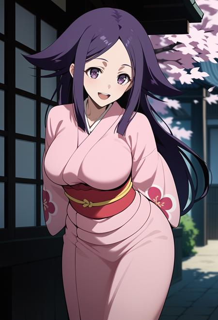 aaoharu, long hair, purple hair, hair flaps, purple eyes, large breasts, japanese clothes, print kimono, pink kimono, long sleeves, obi, sash