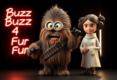 A minion from Despicable Me transformed into a Chewbacca-inspired creature, covered head to toe in thick, shaggy fur, blending the iconic features of a Wookie with the playful charm of a minion. Wearing a rugged ammo belt across its chest, the character strikes a powerful stance, mid-roar, exuding fierce energy. Its fur ripples with incredible texture, rendered in highly detailed, lifelike quality. Standing next to the minion is a stylized Princess Leia, with her iconic buns and white robes, adding a touch of regal elegance. In the background, a sleek, sophisticated sign reads ‘Buzz 4 Fur’ in glowing neon letters, adding a quirky, futuristic vibe to the scene. Set against a pitch-black backdrop, the image shines in cinematic, 4K quality, creating a visual masterpiece that blends epic and whimsical elements, with intricate details in texture, expression, and character design