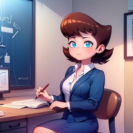 1girl, Lila test, formal, suit, jacket, blue skirt, pencil skirt , blue eyes, brown hair, white shirt, short hair,