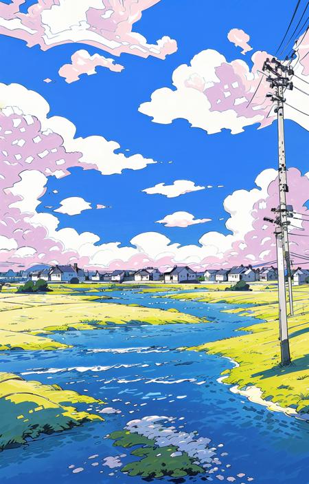 outdoors, no humans, house, cloud, grass, sky, day, power lines, scenery, road, tree, traditional media, utility pole, sign, blue sky, building, cloudy sky, water<lora:line illustrationa_20230901192549:0.83>