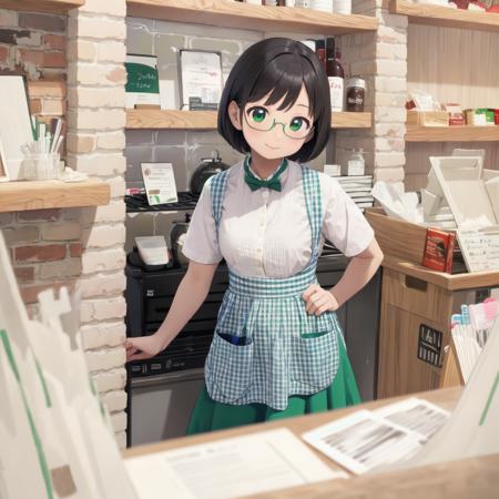 best quality, ultra-detailed, illustration,
1girl, glasses, black hair, medium hair, medium breasts, smile, standing,
KSU, short sleeves, apron, shirt, white shirt, plaid, counter, shop, food, gingham apron, gingham, green skirt, green bowtie, indoors, 
<lora:kobeya_stazzo_U_SD15_V4:1>