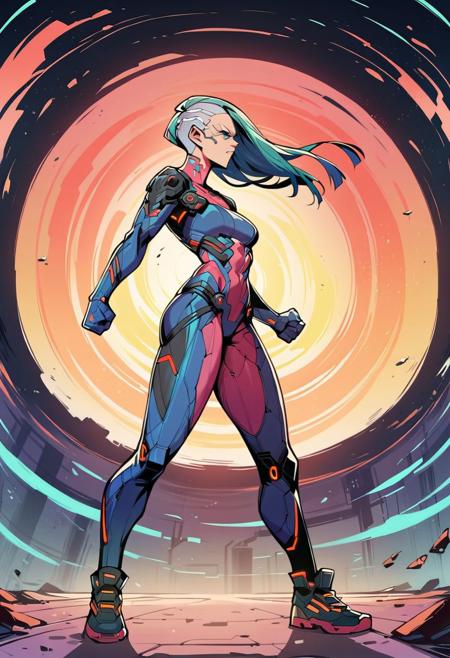 score_9, score_8_up, score_7_up, score_6_up, score_5_up, score_4_up,
full portrait, battle scene, dynamic scene, mythology, cyberpunk, futuristic female in exoskeleton, clenched hands, balanced stance, from the side,