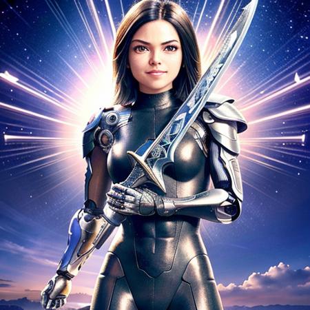 alita smiling and holding a sword and  futuristic suit full body visible <lora:alita-000018:0.6>, photo-realistic,Amazing, finely detail, masterpiece,best quality,official art, extremely detailed CG unity 8k wallpaper, robot, silver halmet,