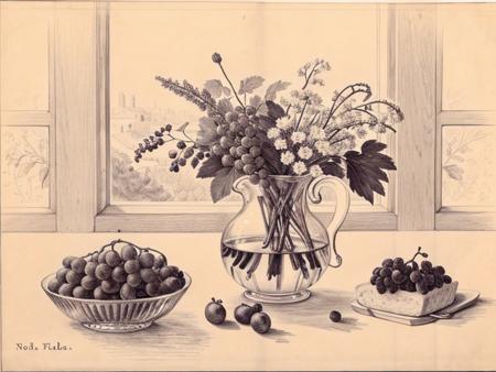 a sketch of a still life, no humans, food, grape, indoors, glass, flower, bread, monochrome, <lora:sketch_study_resize:1.2>