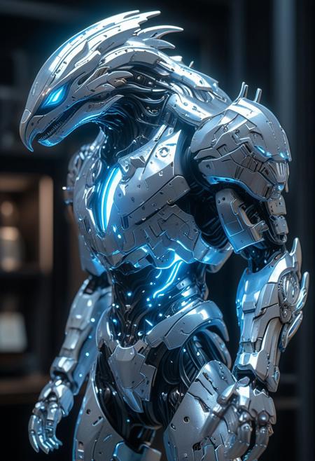SilverPulse, silver sculpture of a standing mech kaijuu, powerful energy beam shooting from chest,  opulent study, layering outline with zirconia light, intricate, hyper-detailed, professional photoshoot, ultra-sharp, vivid colors, dark lighting, 50mm lens,