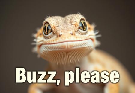 A cute fluffy lizard with big sad begging eyes, big text below that says "Buzz please"