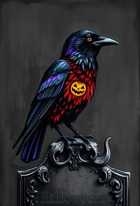 A hauntingly beautiful image of a crow perched on a weathered, gravestone, rendered in scratch art, with dark ink scratched away to reveal a multicolored, Halloween-themed layer beneath. The crow's body, a sleek, black silhouette, is transformed into a vibrant, orange and purple creature, as if brought to life by the scratch of the artist's tool. The crow's eye, a vibrant, bold yellow, seems to gleam with an otherworldly intensity, as if illuminated by the moon. The scratch art, a textured, layered effect, creates a sense of depth and dimensionality, as if the viewer is witnessing a mysterious, supernatural encounter. The dark, ink background provides a striking contrast to the vibrant, multicolored layer, creating a sense of drama and tension. The overall effect is one of eerie, Halloween magic, as if the viewer is uncovering a hidden, mystical world. highest-Quality, intricate details, visually stunning, Masterpiece