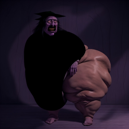 elderly, old, obese, hag, woman, black long robe, witch hat, long back hair