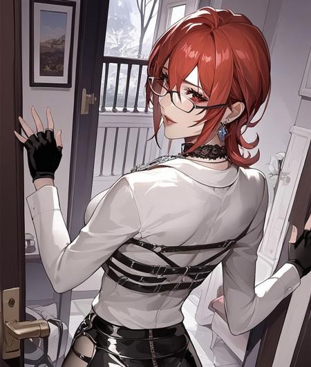 MacchiatoPTN, Red eyes, Red hair, Short hair, Glasses, Black blazer, White blazer, Multicoloured Blazer, Asymmetrical blazer, Black choker, White shirt, Black skirt, Sheer black pantyhose, Pendant, Black waist straps, Thigh garter belt, Fingerless gloves, High heels,  MacchiatoPTN, Red eyes, Red hair, Short hair, Black jacket, Dark navy latex top, High collar, Skirt, Dark navy stockings, Thigh highs, Latex stockings, Black gloves, Rose ornament, Ring, Earrings, high heels 