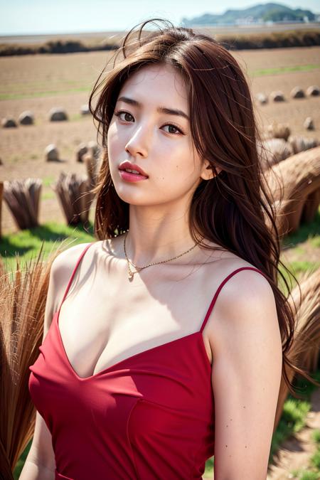 Nikon RAW photo,8 k,Fujifilm XT3,masterpiece, best quality, realistic, photorealistic,ultra detailed,1girl,solo,
upper body portrait,close up photo,

standing, beautiful sky,luxury red dress, surrounded by a sea of grass,
suzy1, <lora:suzy_v21-000018:.9>