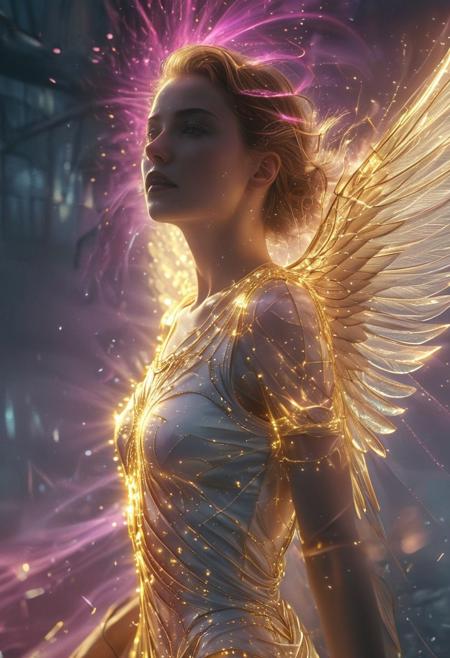neonpunk style, (auralora:1.2), dark fantasy aesthetics, movie poster, centered composition, close-up photography by Henri Cartier Bresson. portrait, shining ( 1920s art deco theme:1.1), divine angel of the skies,  flying, birds, rainbow,  clouds in background, majestic divine atmosphere, bright light, holy aura, bloom, halo above head, divine light, white clothes, golden embroidery,filigree,  dynamic pose, . (Detailed face, detailed skin, skin texture, skin pores, (freckles:0.9)). (ethereal wisps and Sparks of ice shards, dust particles, particle system:1.4). Gritty, raw, emotional, liminal fog, shimmering light. A mesmerizing blend of light and shadows. <lora:Aurastronger_SDXL:1>, cyberpunk, vaporwave, neon, vibes, vibrant, stunningly beautiful, crisp, detailed, sleek, ultramodern, magenta highlights, dark purple shadows, high contrast, cinematic, ultra detailed, intricate, professional