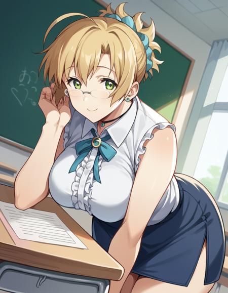 misakisensei, <lora:misaki-sensei-ova-ponyxl-lora-nochekaiser:1>, misaki, blonde hair, large breasts, green eyes, glasses, ahoge, short hair, scrunchie, hair scrunchie, skirt, jewelry, earrings, teacher, skirt, sleeveless, collared shirt, frilled center, frills, ribbon, white shirt,