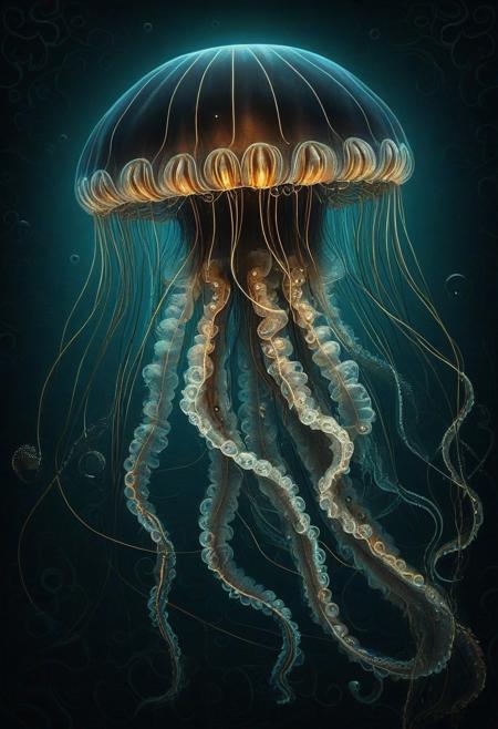 jellyfish, intricated background, artistic, portrait, look at the viewer, rating safe, fantasy background, deep sea, daark, shadows, RetroBG