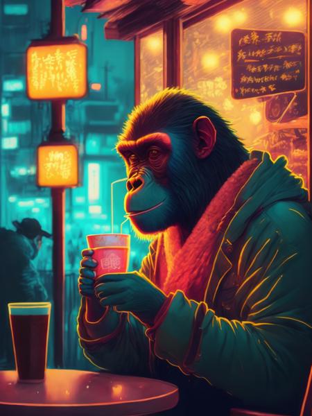 <lora:LiamWong:1>ape in art style of Matsumoto Hoji, wearing clothes, sitting outside of a restaurant, drinking a cup of tea, neon lights