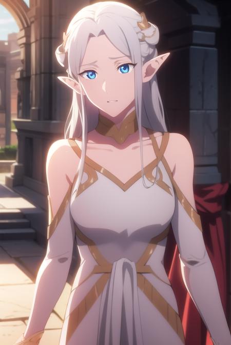 fymryn, <lora:fymryn-lora-nochekaiser:1>,
fymryn, goddess mene, pointy ears, elf, white hair, 
BREAK choker, circlet, white dress, dress,
BREAK looking at viewer,
BREAK outdoors,
BREAK <lora:GoodHands-vanilla:1>, (masterpiece:1.2), best quality, high resolution, unity 8k wallpaper, (illustration:0.8), (beautiful detailed eyes:1.6), extremely detailed face, perfect lighting, extremely detailed CG, (perfect hands, perfect anatomy),