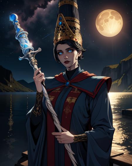 Rennala, short black hair, blue eyes, 
empty lake,  large moon in center, nighttime, stars 
insanely detailed, beautiful detailed face, masterpiece, detailed eyes, best quality),  <lora:Rennala-10v6:0.8>