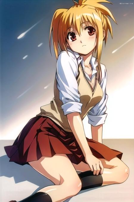 (1girl), masterpiece, best quality, absurdres, cute, extremely detailed face, perfect lighting, chiba kirino, blonde hair, ponytail, <lora:model-BambooBlade-Chiba_Kirino:0.8>, school uniform, skirt, sitting