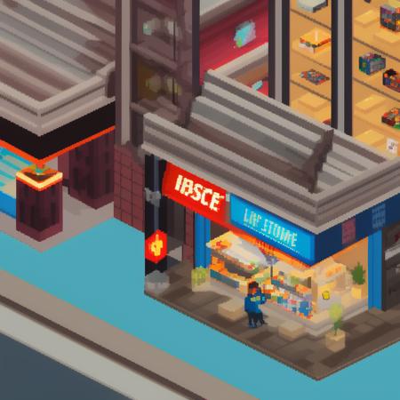 isometric videogame store, isopixel style