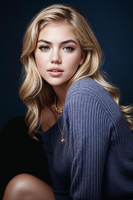 photo of seductive (k4t3upt0n-135:0.99), a beautiful woman, perfect blonde hair, (modern photo), (Indigo Blue  off-sweater shoulder), ((smokey Rosy Brownbackground:1.1)), 85mm, (analog, cinematic, film grain:1.3), detailed eyes, necklace, (epicPhoto), (looking at viewer), (cinematic shot:1.3), PA7_Portrait-HL_v2