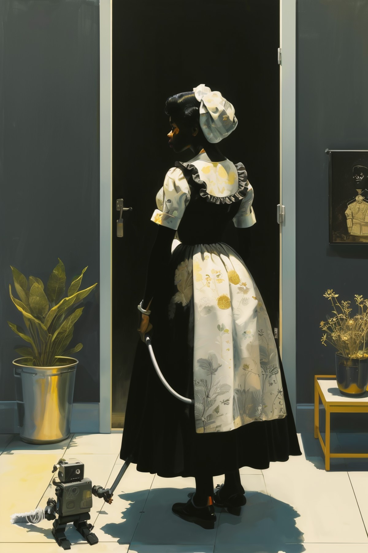 masterpiece,best quality,<lora:tbh268-:0.8>,illustration,style of Kerry James Marshall portrait of Housework robots