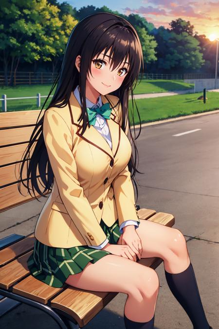 masterpiece, best quality, <lora:kotegawayui-nvwls-v1-000009:0.9> defYui, yellow blazer, long sleeves, green bowtie, plaid miniskirt, large breasts, sunset, smile, blush, looking at viewer, sitting, bench, loafers, socks