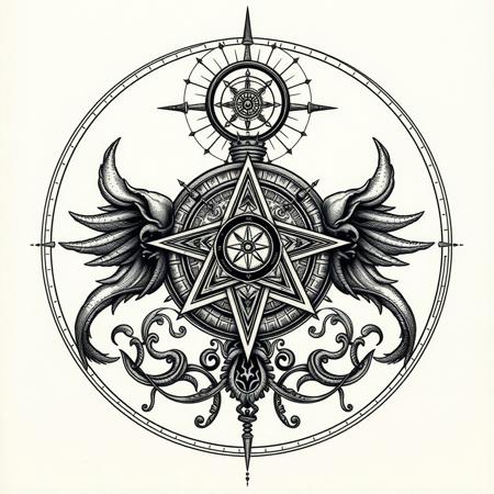 tattoo design, intricate occult symbolism, esoteric, ancient an honorable 9rder of the golden dawn