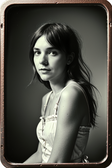 CourtneyBarnett, ((1910s photograph, upper body, portrait, Edwardian attire with a Gibson tuck, soft blush and rosy cheeks, wearing a cotton chemise with square neckline, ruffled cuffs, and delicate lace trim, antique setting)), Century Camera Co. Studio, 160mm f/8, 1/10s, ISO 25, ((tintype))