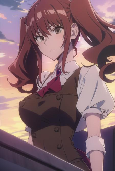 erikakuramoto, <lyco:erikakuramoto-LYCORIStest:1>,
erika kuramoto, twintails, (red hair:1.5), two side up, (brown eyes:1.5), hair between eyes, (large breast:1.2),
BREAK collared shirt, shirt, ascot, red ascot, juliet sleeves, short sleeves, sweater, brown sweater vest,
BREAK looking at viewer,
BREAK indoors, classroom,
BREAK <lora:GoodHands-vanilla:1>, (masterpiece:1.2), best quality, high resolution, unity 8k wallpaper, (illustration:0.8), (beautiful detailed eyes:1.6), extremely detailed face, perfect lighting, extremely detailed CG, (perfect hands, perfect anatomy),