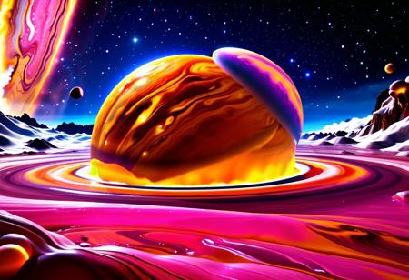 masterpiece, best quality, amazing quality, very aesthetic, absurdres, newest, slime-morph, Orange gas giant, vibrant colours, yellow cloud stream in giant, from with-in gas giant, looks out to space, pink slimes fly in the air