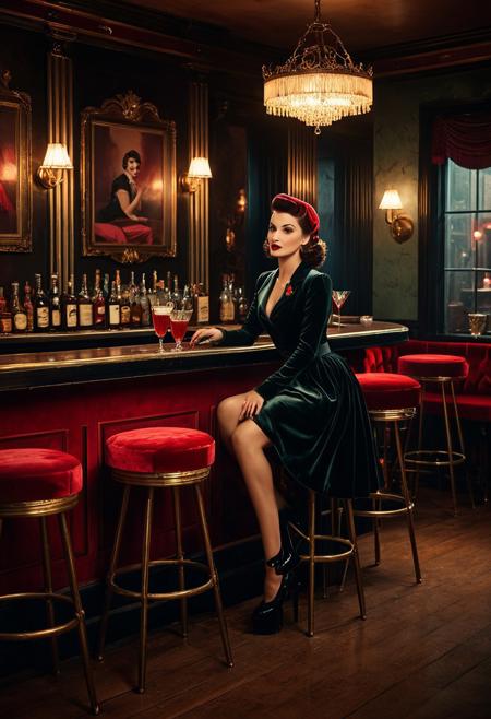 vintage bar interior, glamorous pin-up influence, soft historical realism, atmospheric lighting, delicate brushwork, muted poetic palette, vibrant figures, nostalgic charm, polished rendering, theatrical interior, moody ambiance, red velvet stools, romantic melancholy, glamorous portrait, noir inspiration, cinematic composition, whimsical yet somber, light and shadow interplay, timeless setting, elegant storytelling