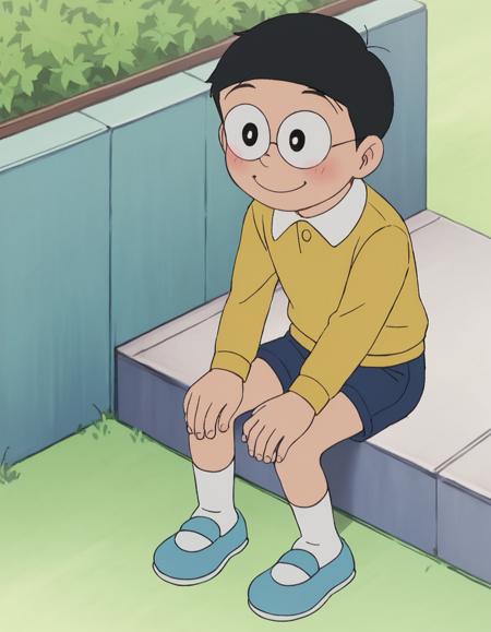 NOBITA ROUND GLASSES YELLOW SHIRTS BLACK HAIR BOWL CUT BLACK EYES (BLUE SHOES) BLUE SHORTS WHITE SOCKS