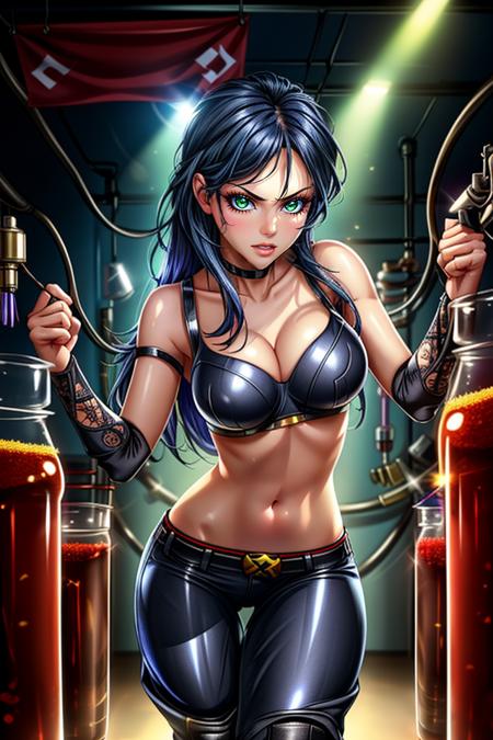 ((best quality)), ((masterpiece)), a photograph of a girl, ((breaking out of a laboratory)), pov, close-up, face, [laura|daphne], shiny eyes, green eyes, flowing hair, long hair, glowing skin, shiny skin, detailed skin texture, ((laurakinney, midriff, pants)), gorgeous, punk, rebel, attractive, stunning, adorable, glossy lips, sexy, mascara, thick eyelashes, brilliant colors, (((beautifully detailed background))), intricate background, laboratory in the background, laboratory, lab equipment, cables, wires, dimly lit, backlight, serious at you, rim lighting, (high-resolution:1.2), perfect lighting, cinematic lighting, bokeh, light bloom, <lora:Unreal-Fantasy_Style:0.5><lora:add_detail:1> <lora:laurakinneyx23:0.7>