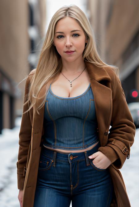 photo of (blonde V1cC0M1t01-1900:0.99), a woman, RAW, close portrait photo, (long brown coat:1.2), (nice top,:1.2), (high rise jeans:1.2), (high detailed skin:1.2), 8k uhd, dslr, soft lighting, high quality, film grain, Fujifilm XT3 sharp focus, f 5.6