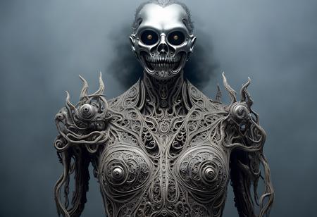(masterpiece)+, (best quality)+, (intricate detail)+, the nightmare in the fog, abstract, surreal, humanoid, metallic