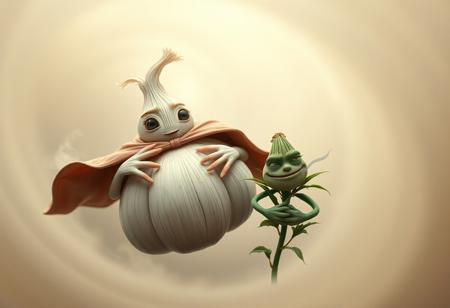Envision a scene where a human-like garlic figure floats in a surreal, swirling fog. This garlic character has a face with expressive eyes making direct contact with the viewer, and delicate, leafy “hands” that emerge from its cloves, adjusting a windswept cloak around its shoulders. Beside it, a relaxed weed bud character, with a sly grin, leans close, puffing a smoky cloud that drifts into the spiraling air around them. The image, captured in award-winning detail, appears like a high-resolution 35mm photograph, with a grainy, vintage feel, touched by Kodachrome warmth and a soft vignette that adds to its otherworldly, Lomography-inspired charm.