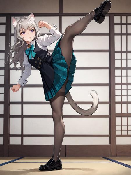 medium-long hair, long sleeves, black dress,, white collared shirt, teal bowtie, teal bow, waist back bow, cat ears, purple eyes, cat tail under skirt, white hair, grey pantyhose, black loafers, puffy sleeves, plaid skirt, pleated skirt, black skirt, teal skirt, buttons