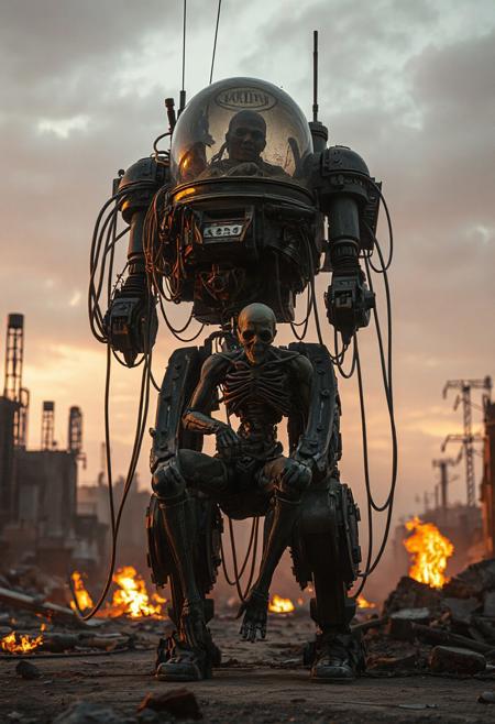 It is dawn. Various fires light up the area. an action filled movie shot of a tall walking mecha robot with a lot of dangling cables and visible machinery in a broken urban setting. The robot has a backpack with a glass dome. Inside the dome is the withered remains of an old human. The human is used to power the robot and is connected with cables. realistic, the robot is engaged in warfare, combat, sitting in a combat position with one knee up and one hand on the ground. 4k, futuristic, fallout-inspired, Retrofuturism, atomic-punk