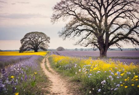 A wide countryside field in early spring, filled with blooming (wildflowers:1.2) in shades of lavender, yellow, and soft blue. A narrow dirt path winds through the field, leading to a solitary oak tree on the horizon. The (foreground flowers are in sharp focus:1.2), with a swirling, vintage-style cinematic bokeh enveloping the rest. The lighting is gentle and diffuse from a cloudy sky, evoking peaceful solitude. (Petzval lens effect, soft contrast, realistic texture, cinematic pastel palette, moody and peaceful, high resolution)